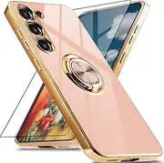 Jusy for Samsung Galaxy S23 Plus 5G Case, S23 Plus Protective Case with Rotating Ring, Magnetic Stand and Screen Protector, Shockproof Phone Cover with Luxurious Gloss Finish & Electroplating (Pink)