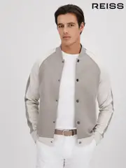 Reiss Taupe/White Pelham Colourblock Jersey Bomber Jacket (K81547) | $260
