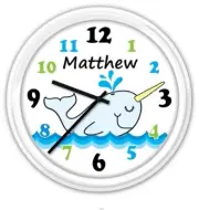 Narwhal Whale Wall Clock PERSONALIZED Baby Nursery Boys Kids Girl Room Blue GIFT