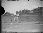 Tennis player Rupert Wertheim hitting a backhand shot from the bas- Old Photo