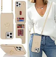 Lipvina for iPhone 16 Pro Case with Card Holder and Strap for Women,Crossbody Lanyard,Ring Stand,Snap Clasp,Cute Phone Wallet Cases 6.3 inch(Beige)