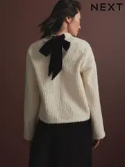 Ecru Cosy Dropped Shoulder Velvet Bow Tie Back Crew Neck Jumper (E14003) | $73