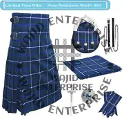 Scottish Men Handmade Blue Douglas Tartan 8 Yard KILT - 6 PCS Kilt Sporran Deal