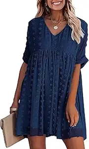 [KIRUNDO] Summer Women’s Short Sleeves Mini Dress Sexy V Neck Flowy Casual Dress Swiss Dot Short Loose Fit Plus Size Dress