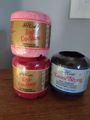 3 Crochet Cotton Thread J & P Coats Knit-Cro-Sheen & Luster Sheen pink, red, bla