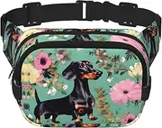 [YANYU] Dachshund Florals Print Square Double Layer bag Waist Bag Trendy Pack Travel Bag with Adjustable Bel, Black, One Size