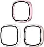 [Wanme] 3 Pack Screen Protector for Fitbit Versa 4, Fitbit Sense 2,Hard Case All-round Protective Tempered Glass PC Case Bumper Cover Compatible with Fitbit Sense 2,Fitbit Versa 4 (Pack B)