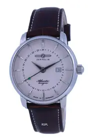Zeppelin Atlantic Timezone Beige Dial Leather Strap Quartz 84425 50M Mens Watch