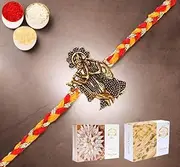 Ghasitaram Gifts Rakhi for Brother Rakhis Online - L-1 Krishna Rakhi with 200 GMS of Kaju katli and 200 GMS of Soan Papdi