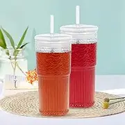 2Pcs Glass Cups with Lids and Straws, 20 oz/600ml High Borosilicate Drinking Glasses, Transparent Iced Coffee Cups, Heat-Resistance Glass Tumbler Vintage Glassware for Iced Coffee Water Smoothie