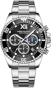 [MEGALITH] Mens Watches Military Analog: Waterproof Stainless Steel Chronograph Moon Phase Face - Wrist Watch with Date