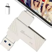 USB Flash Drive 64GB USB Flash Drive for iPhone, External USB 3.0 Photo Stick for iOS, Android Mobile Phone, Pad, Computer, PC (Mobile Memory, Rotating Design, Automatic PhotoBackup (Silver)