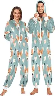 [ZZXXB] Corgi Dog Love Onesie Pajamas for Adult Women Men Long Sleeves One Piece Onesies Hooded Sleepwear S - XL