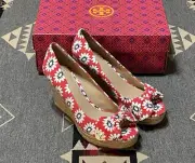 Tory Burch Dory Red Floral Canvas Peep Toe Wedge Espadrilles Sz 7 NIB Nantucket