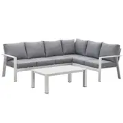 Jervis 6-Seater White Aluminium Outdoor L-Shaped Sofa Lounge Set – Pebble Grey Cushions