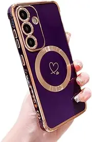 [ZTOFERA] Magnetic Case for Samsung Galaxy S23 FE 5G, Cute Plating Love Hearts Case with Camera Protection, Soft Shockproof TPU Bumper Cover for Women Girls, Dark Violet