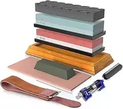 Complete Knife Sharpening Stone Set, Professional Whetstone Knife Sharpener Kit, Dual Grit 400/1000 3000/8000 Water Stone, Non-Slip Bamboo Base, Flattening Stone, Chisel Honing Guide, Leather Strop