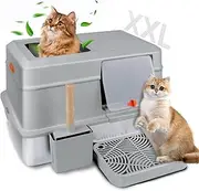 ESCRODOI Enclosed Stainless Steel Litter Box, 30L Large Litter Boxes with Litter Scoop & Footboard, High-Sided Cat Litter Tray with Lid, Non-Stick, Odor-Resistant, Easy Clean, Grey, 60×40.5×38cm