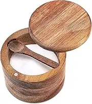 Wood Salt Shaker Set, Kitchen Salt Container Holder Built-in Spoon with Swivel Magnetic Lid