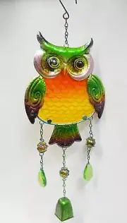Owl Bell Wind Chime- Metal Sun Catcher, Fused Glass, Marbles, Faceted Beads 21"