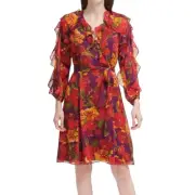 NWT Size 4 Calvin Klein Belted Long Balloon Sleeve Chiffon Line Short Dress