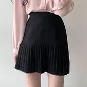 Long-Sleeve Layered Collar Plain Heart Button Blouse / High Waist Plain Accordion Pleated Mini A-Line Skirt Skirt - Black - S