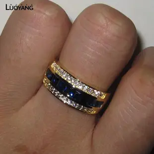 洛陽牡丹 滿鑽藍寶石方鑽戒指 歐美鍍18k黃金閃鑽男女士指環