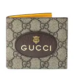 【GUCCI 古馳】473954 經典GG SUPREME帆布虎頭造型內裡拚色8卡對開皮夾短夾(棕X黃色)