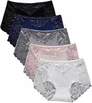 [HEJIGOOD] 5 PCS Women's Lace Hipster Panties Fabric Embroidery Briefs Cheeky Underwear Mid Rise Stretch Breathable Panties