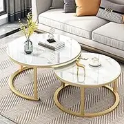 Marble Nesting Coffee Tables Set with Tempered Glass Top and Gold Metal Legs Multifunctional for Living Room Sofa Side Tables 2 Tables Separately Used