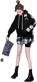 [Generic] Women's Spliced Plaid Long Sleeve Drawstring Hoodie Top Sweatshirt Plaid