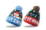 Giggling Getup 2 Pcs Unisex Light Up Christmas Hat with Pom Poms, Snowman Beanie