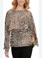 DKNY Top Womens Size P/XS Brown Leopard Shimmer Long Cape Sleeve Mob Wife Chic