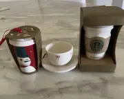 STARBUCKS CAPPUCCINO CUP 2005, To Go Cup 2008 & SANTA ORNAMENT 2012 NWT 3
