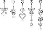 [UxClishe] 5 Pcs Belly Button Bars Kit, Sliver Belly Button Rings 14G Navel Bars Stainless Steel Belly Bars Dangly Belly Button Piercing Jewellery Heart Bow Short Small Belly Rings for Women Girls, One