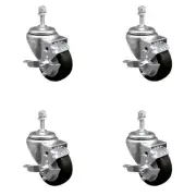 3.5 Inch SS Black Polyurethane Swivel 3/8 Inch Threaded Stem Caster Set Brake