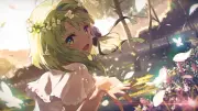 Anime girls green hair short smiling pointy ears petals Playmat Game Mat Desk