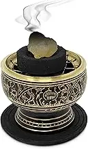 New Age Imports, Inc. India Small Decorated Brass Charcoal Screen Incense Burner with Wooden Coaster