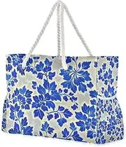 [Yoogain] Fashion Retro Floral Gray Blue Sandproof Beach Tote Bags with side pocketes Bag Beach Sports for Travel Gym Vacation, Fashion Retro Floral Gray Blue, 1 size