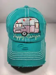 Kbethos Vintage Distressed Womens Happy Camper Ball Cap Teal Embroidered