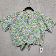 Liberty & Justice XL Tropical Floral Tie Front Blouse Crop Short Sleeve NWT