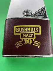 Bushmills Malt Whiskey Burgundy Leather Steel 4 oz Flask NOS in Original Box