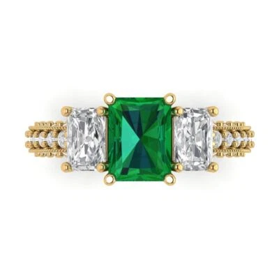 3.61 ct Emerald Cut Lab-Created Gemstone Three-Stone Ring W/ Accents Yellow Gold