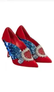DOLCE & GABBANA Velvet Pumps LORI Sacred Heart Wings Embroidery Red Blue $2000