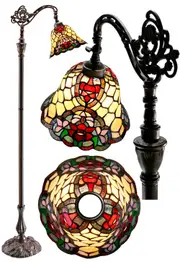 Red Camellia Style Leadlight Stained Glass Bridge Arm Tiffany Floor Lamp