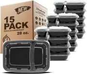 15-Pack 2 Compartment Bento Lunch Boxes with Lids - Stackable, Reusable