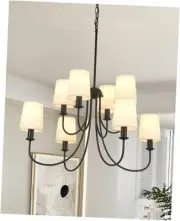 8 Light Modern Chandelier Black Metal Linen Fabric Shade Hanging Light Dinning