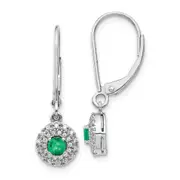 Solid 14k White Gold Simulated CZ Halo Emerald LeverbacK Dangle Earrings