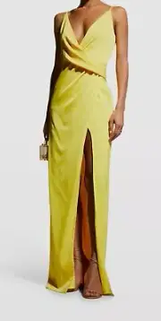 $295 Aidan by Aidan Mattox Women's Yellow V-Neck Draped Column Gown Dress Size 4
