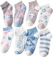 [Lacknick] Crew Socks 8 Pairs for Women 5-10 Cute Blue Rabbit Heart Thin Low Cut Cotton Versatile Summer Breathable Ankle Dress, Multi, One Size